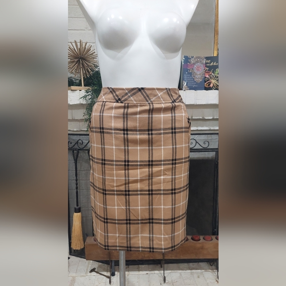 Laura Scott Pencil Skirt Women's Size M Designer Tan Plaid Feminine Classic